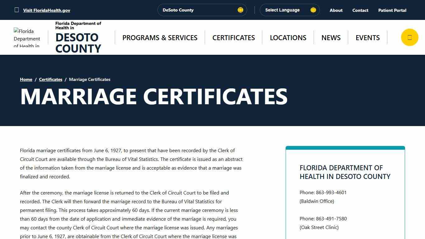 Marriage Certificates - Florida Department of Health in DeSoto County